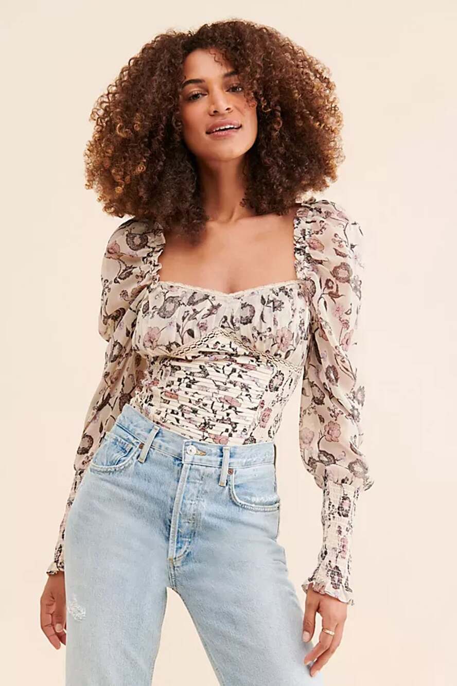 Free People Brunch Date Bodysuit Size L Ivory Combo Floral